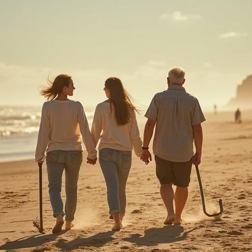 A young couple walking hand-in-hand on a beach. The sun is setting, creating a warm atmosphere. They are holding hands, enjoying each other's company. The ocean waves are gently lapping at the shore.