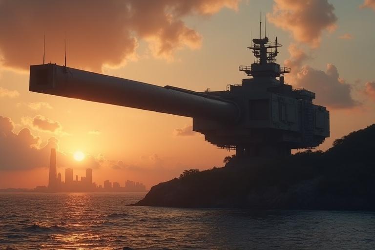 Cinematic scene showing dark silhouette of large rectangular cannon gun on rotating platform on island by city. Background of sunset with clouds. Focus on realism and details.