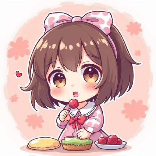 A cute chibi girl holding a lollipop surrounded by sweets. She wears a pink outfit with a bow. The background features soft floral patterns.