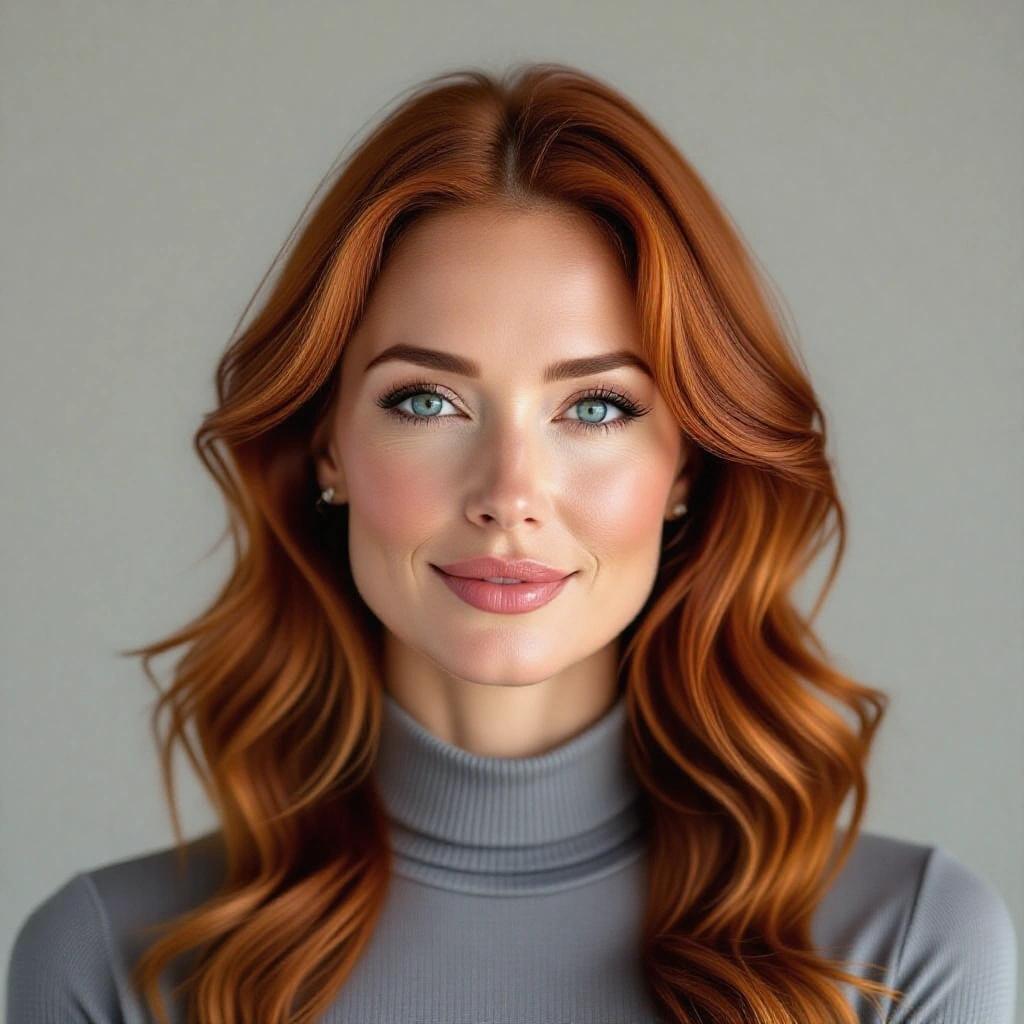 Headshot of confident 40 year old woman. Long wavy red hair. Ocean blue eyes. Full lips. Natural skin texture. Subtle smile lines. Wearing grey bodysuit. Grey backdrop. Even studio lighting. Sharp focus.