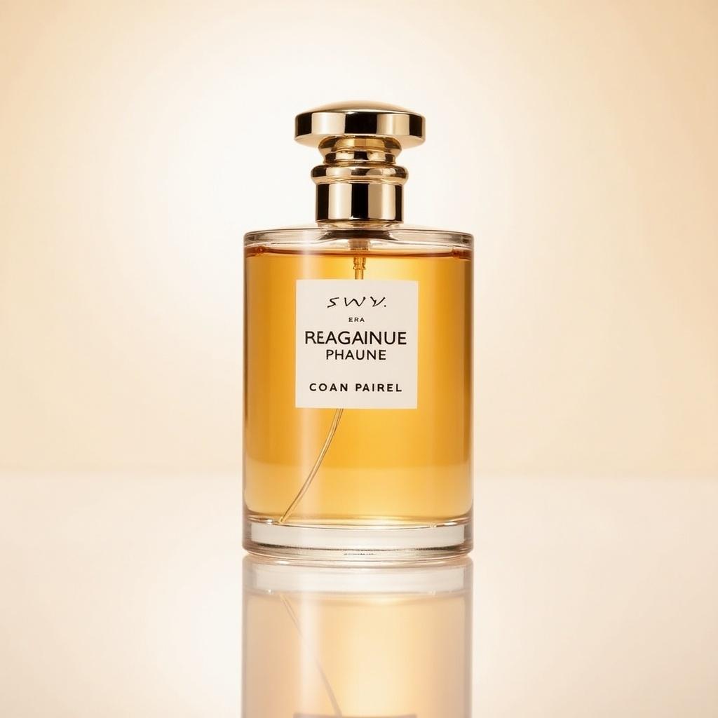 Elegant perfume bottle for summer wear. Warm amber liquid inside a clear glass bottle. The label displays the brand name prominently.