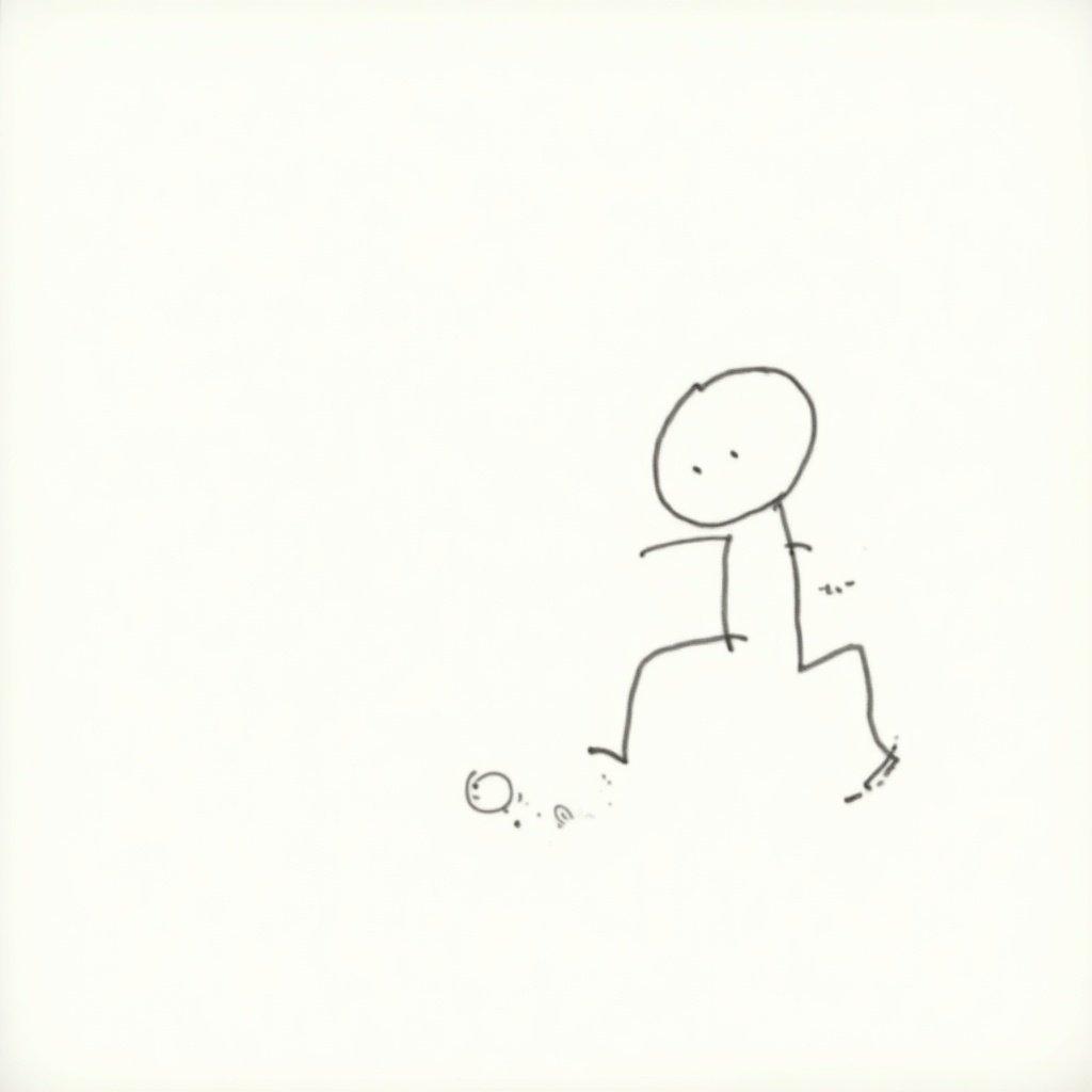 Image features a stick figure with a round head. The figure is depicted running. A small circle is near the feet. The image has a minimalistic style.