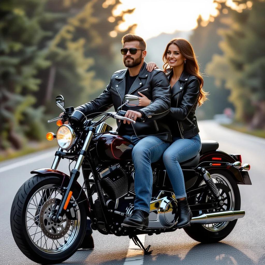 Biker couple on a Harley motorcycle. Man wearing black leather jacket. Woman poses on motorcycle. Scenic road in the background. Soft sunlight.