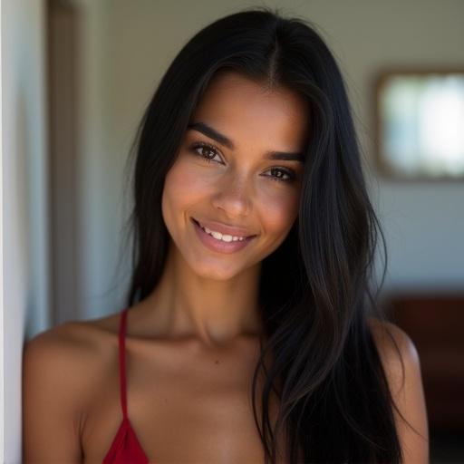 Gorgeous colombian woman with straight dark hair. She wears a mini skirt and faces the viewer directly. Her pose highlights her strong fashion sense. The background is soft and neutral. The lighting is warm and inviting.