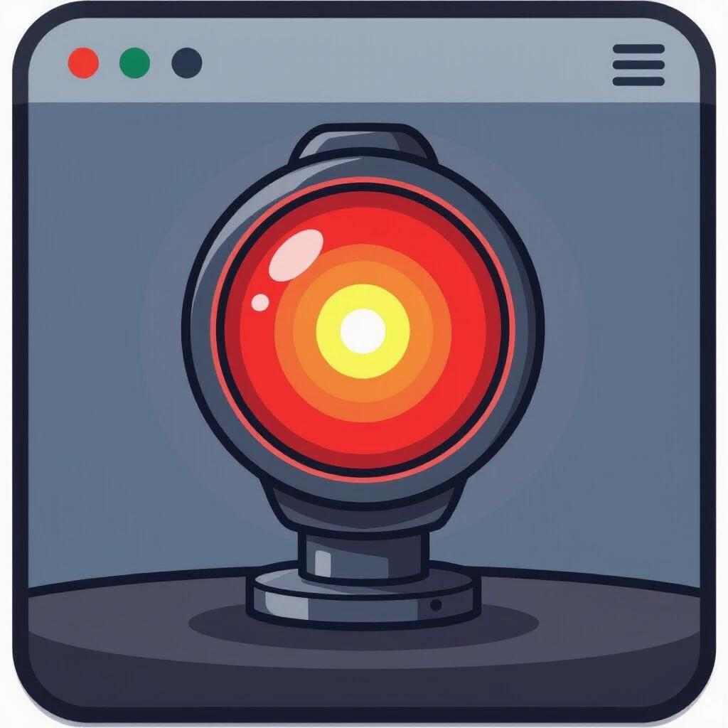 Create a stylized icon of a red alarm light designed for use on a webpage. The icon should feature a prominent red light with a glowing center set on a dark table, illustrating the concept of alertness and warning.