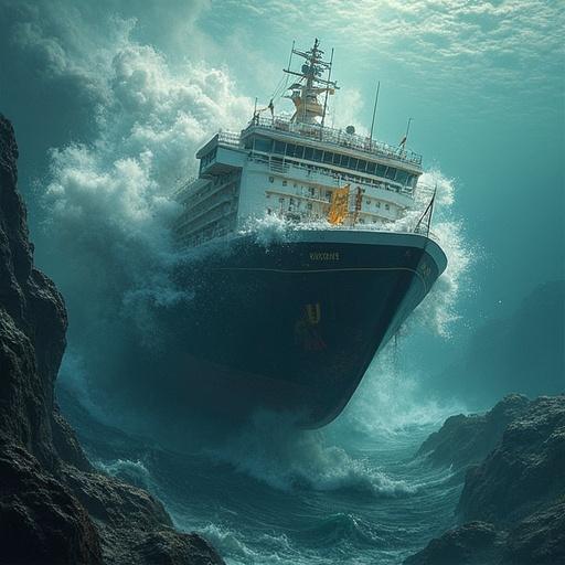 Luxusdampfer im Sturm. A large luxury cruise ship is struggling against a turbulent storm at sea. The ship is surrounded by crashing waves. Dark clouds loom overhead. The scene evokes a sense of adventure and danger.
