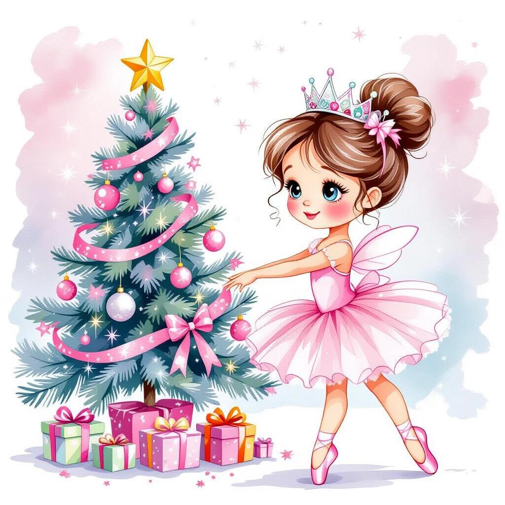Watercolor art with a cute and funny cartoon style. Graceful little ballerina in a pink tutu and crown. Tutu sparkles. Christmas tree with silvery pink baubles and ribbons. Ballerina stands on tiptoe placing a gift. Expression is focused and thoughtful. Eyes reflect colors of the tree. Bright colors on a white background. Vibrant and bold tones.