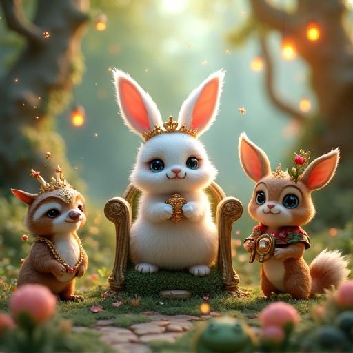 3D storybook illustration of a magical animal kingdom. Fluffy white rabbit princess on throne made of vines and flowers. Beside her, wise owl king with golden feathers. Raccoon jester juggling berries. Frog bard with lute on mushroom. Noble deer knight with flower antlers. Soft lighting and pastel colors.