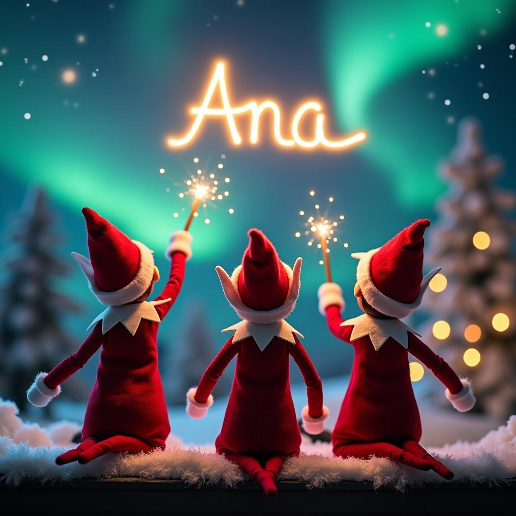 An enchanting Christmas scene features three elves on the shelf. Elves are dressed in red and white, facing the sky. Each elf wields a magic wand. One elf writes 'Ana' in glowing script above. The background has vibrant northern lights, enhancing the magical feel. The scene embodies the spirit of Christmas with whimsy. Elves' positions create a sense of wonder, capturing holiday joy.