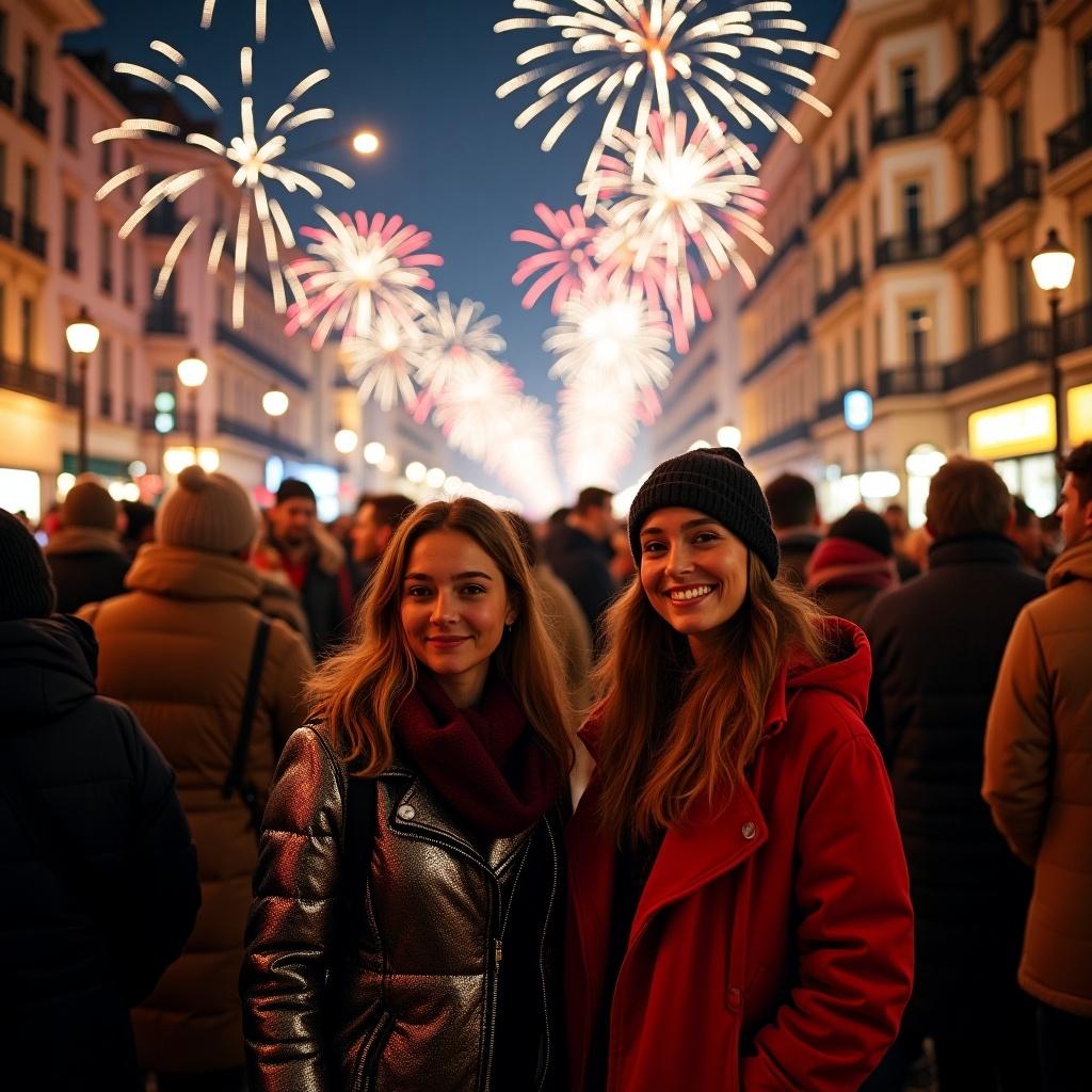 Vibrant European city during New Year celebration with fireworks. People in colorful clothing gather joyfully. Festive atmosphere with industrial background. Midnight approaches with cheers and traditional food aroma.