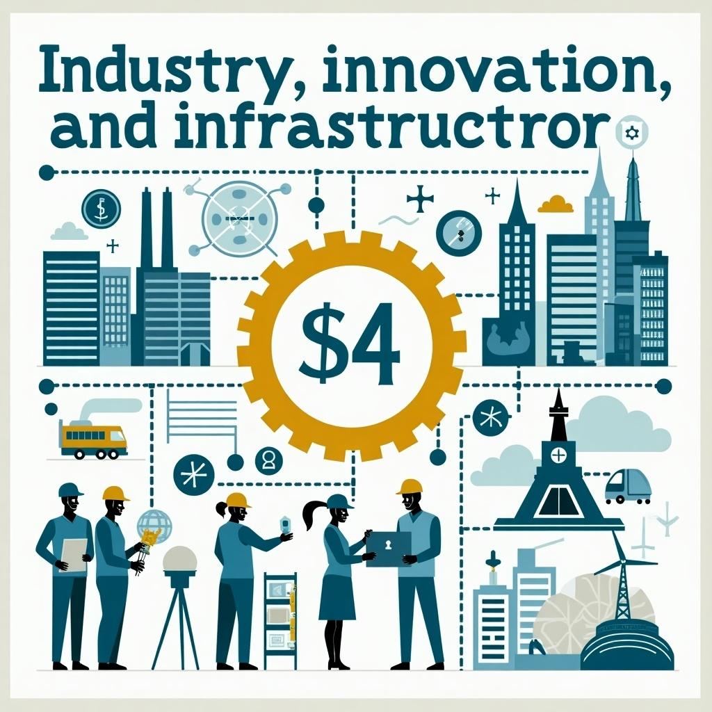 Illustration representing SDG goal number 9. Focus on industry innovation infrastructure. Features gears dollar sign and building silhouettes.