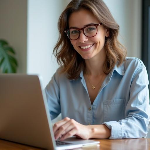 Smiling woman working at a desk in front of a laptop. Engaged in digital communication. Casual yet stylish appearance. Suggesting multi-tasking and professionalism.