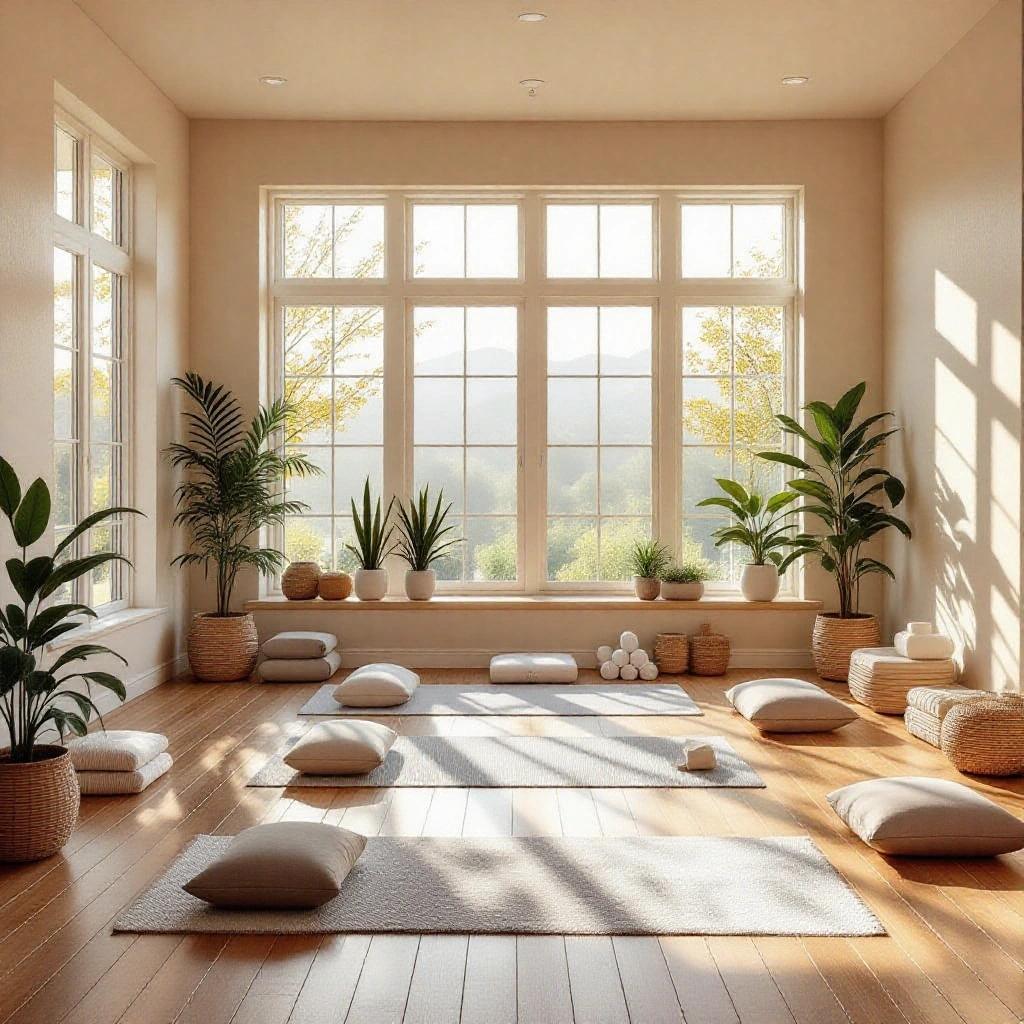 Spacious yoga and meditation area filled with natural sunlight. Large windows with soft morning light streaming in. Warm wooden flooring. Calming neutral tones with minimalistic decor. Yoga mats neatly arranged. Various yoga props like blocks, straps, bolsters. Serene meditation corner with floor cushions and incense sticks gently smoking. Peaceful and relaxing ambiance with indoor plants. Tranquil wellness atmosphere in a zen-inspired interior.