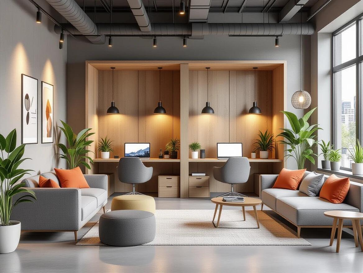 Modern co-working space in fully enclosed room with four walls. Clean layout features individual workstations with desks and ergonomic chairs. Laptops and monitors are present. Cozy lounge zone includes fabric sofas and soft bean bags. Wooden or polished concrete flooring is shown. Warm ambient lighting emanates from ceiling panels and hanging lights. Decorated with indoor potted plants. Minimal wall art is present. Subtle warm color palette dominates the scene. Environment is clean and organized. Realistic materials used for furniture textures. Ultra-detailed lighting and shadows enhance the aesthetic. Displays modern startup feel with balanced work and relaxation areas. Photorealistic and immersive atmosphere created.