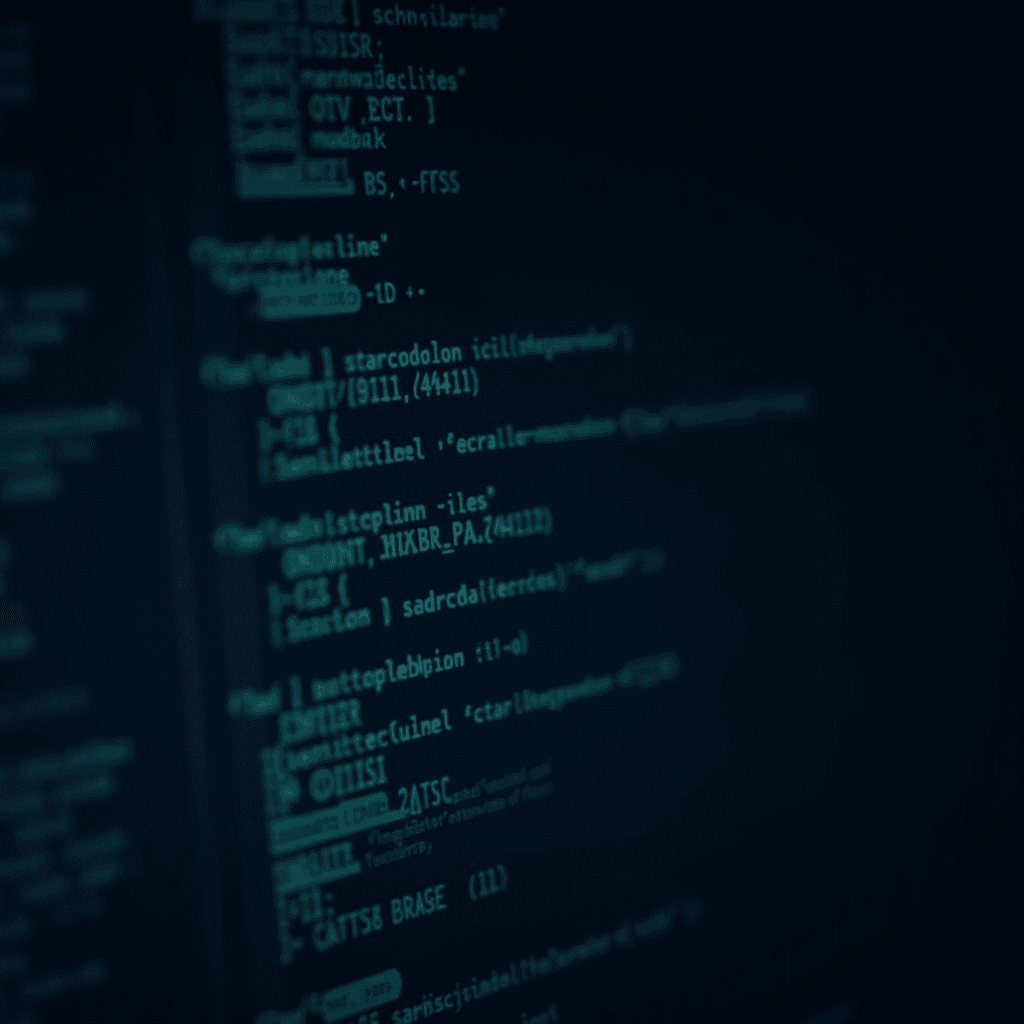 Lines of computer code are displayed on a dark screen, highlighted in blue and green.