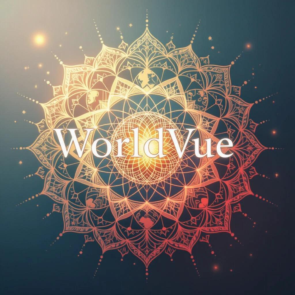 Text reads WorldVue surrounded by a complex glowing mandala. Mandala features patterns of continents oceans and human connections. It pulses with gentle light radiating harmony. Background is soft gradient cosmic field. Style is precise and spiritual. Emphasizes universal order. Symmetrical composition with soft ambient light. Art in 8K digital illustration.