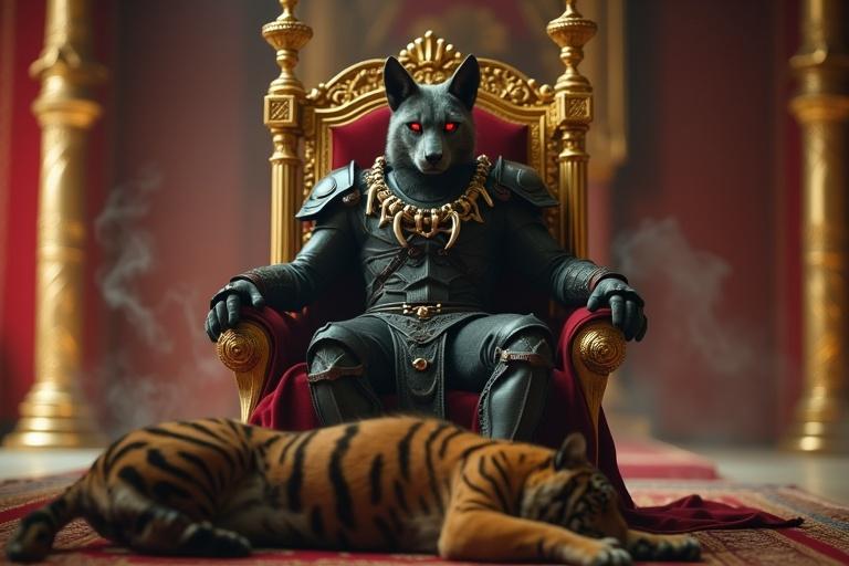 An ultra HD cinematic scene showing a jackal on a throne. The room features golden pillars and red tapestries. The jackal wears black armor and has glowing red eyes. A defeated tiger lies on the floor, wearing maroon and gold robes. Dark smoke swirls around.