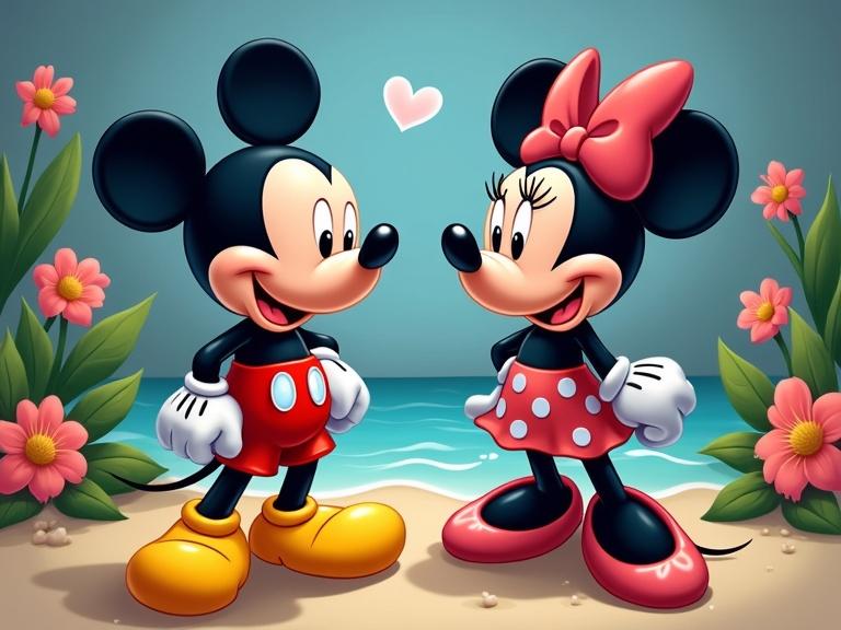 Mickey Mouse and Minnie Mouse stand side by side on a beach background. Mickey wears red shorts and yellow shoes. Minnie wears a red dress with white polka dots and pink shoes. They smile at each other with a heart above them.