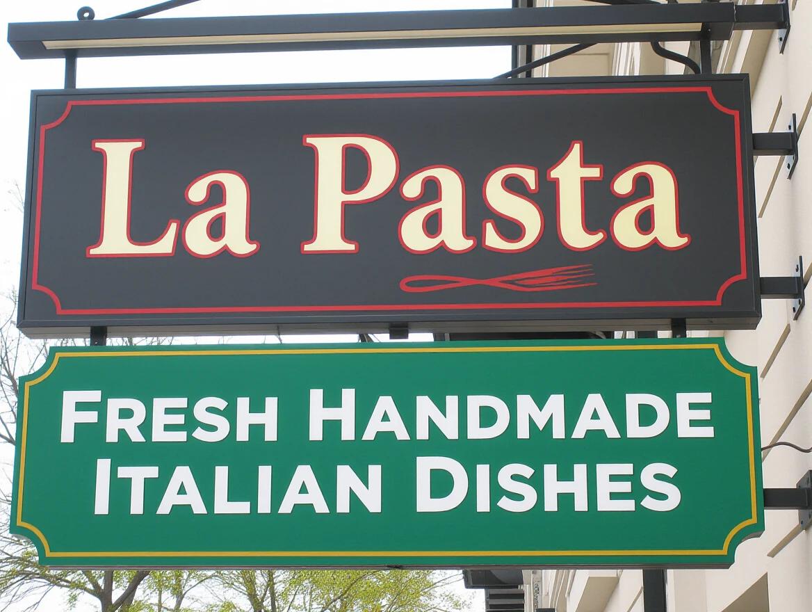 Restaurant sign displays La Pasta and Fresh handmade Italian dishes. The sign includes two levels with contrasting colors. Eye-catching typography enhances visibility.