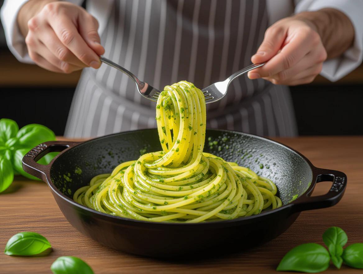 Professional food photography showing freshly made spaghetti twirled on a fork. Pasta coated in pesto sauce. Black cast iron pan on wooden table. Chef wears white coat gray apron. Warm natural lighting creates shadows. Composition from side angle.