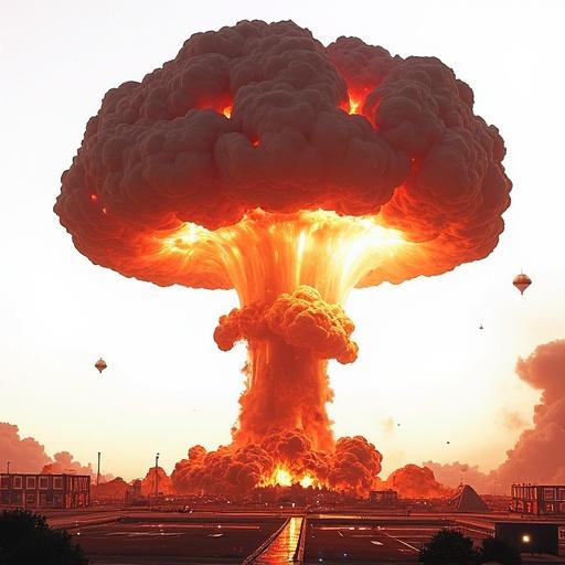 A big atomic nuclear bomb explosion creates a massive mushroom cloud. The scene captures the moment with vivid colors and details.