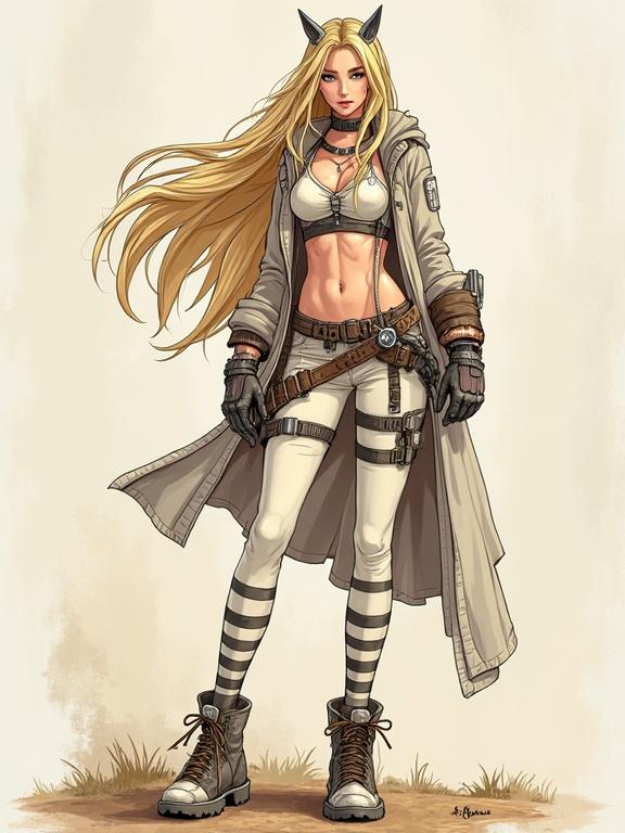 Fantasy female character with long blonde hair and mystical vibes. Dressed in a white outfit with a long coat. Standing confidently with a belt and tactical accessories. Artistic style similar to Borderlands. Character features striking visual traits.