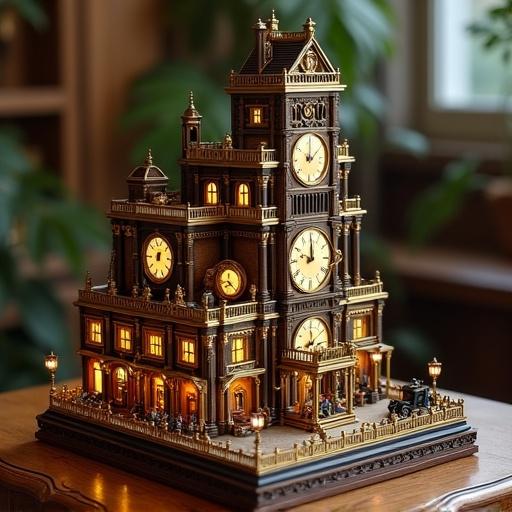 Intricate steampunk building shaped like a multi-faced grandfather clock. Made of brass and dark wood. Features multiple clock faces, gears, pipes, and miniature balconies. Includes tiny figures and vintage cars located on a wooden table base. Lighted with warm glowing lights. Hyper-detailed miniature model.