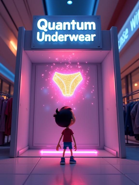 A glowing futuristic changing room in a mall. A pair of levitating sparkling boxer briefs floating in the air. The sign above reads Quantum Underwear Try it and see or not. A character looks both intrigued and confused. Cartoon comedy tone.