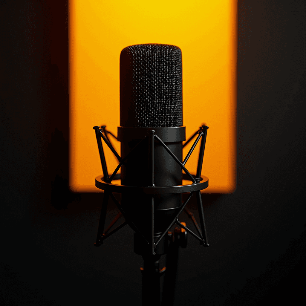 A microphone stands against a vibrant orange light backdrop, creating a warm and inviting atmosphere.