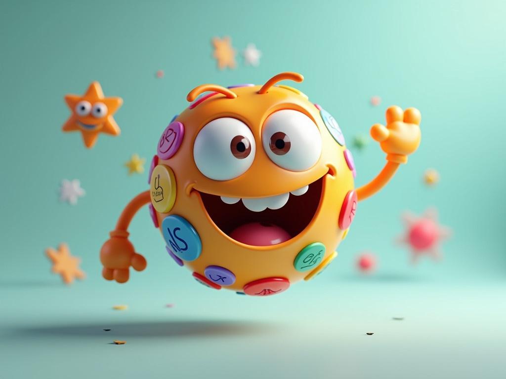 Create a high resolution 4k image of a new educational character that is fun and characterized in a vibrant 3D glossy style. This character is spherical, with large expressive eyes and a wide smile, flying and spinning around playfully. The surface of the character is covered with colorful buttons, each representing a different school subject like math, science, and language arts. The background should be cinematic, with a soft gradient that enhances the character's features. The overall feel should be lively and engaging, appealing to students and educators alike. This character embodies joy in learning and innovation in educational methods.