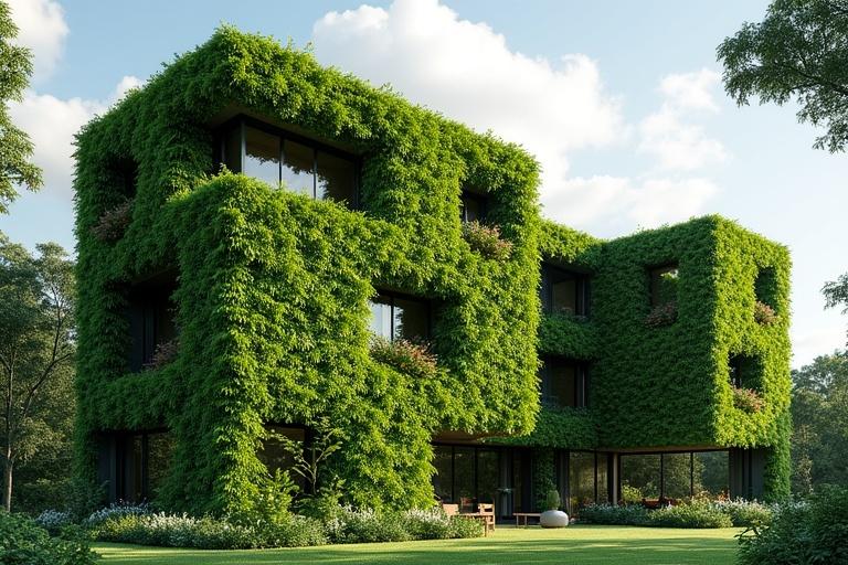 Image shows a building with walls covered in leafy greenery. This creates a vertical garden effect. Another rectangular section is also covered in greenery for seamless blending. Building is in a garden with tall trees providing shade. Sky is partly cloudy, creating a serene eco-friendly atmosphere. Scene conveys harmony of architecture and nature.