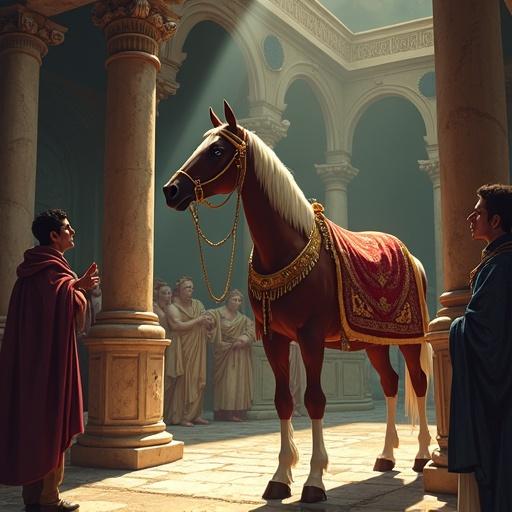 Lavish stable of Incitatus in Japanese Anime style depicts Caligula's favorite horse in a marble stall. Horse adorned with richly embroidered blanket and ivory collar. Stall features polished ivory manger and golden chains. Servants show reverence. Dim lighting with bleak light shafts illuminating dust particles emphasizing extravagance. Style conveys grim irony with muted earth tones and heavy shadows.