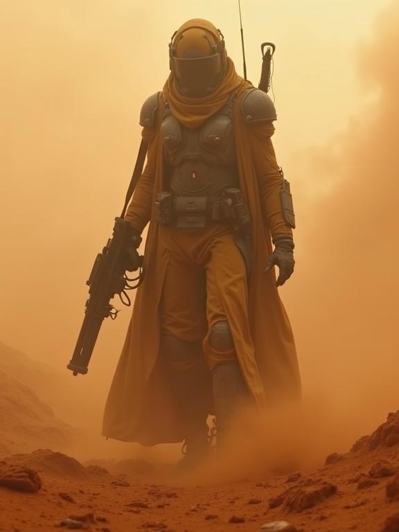 Cinematic dark sci-fi shot features a cybernetic bounty hunter walking through a Martian dust storm. Wide angle captures the intense atmosphere.