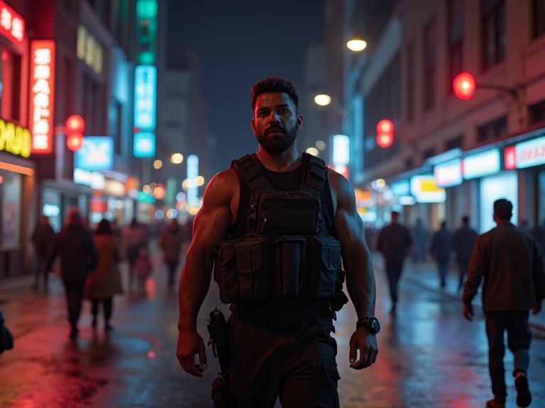 Large muscular man with an intense presence. He stands in an urban street at night. The scene is illuminated by neon lights. Pedestrians pass by, creating a bustling atmosphere. The colors are surreal and vibrant, contributing to a cinematic feel. The setting evokes a sense of urban loneliness.