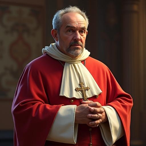 Create an image of a video game character inspired by Pope Leo XIII. The character is wearing a crimson and cream papal outfit with detailed gold embellishments. Facial features show wisdom and authority, with a thoughtful expression. Background includes a richly decorated interior resembling a cathedral.