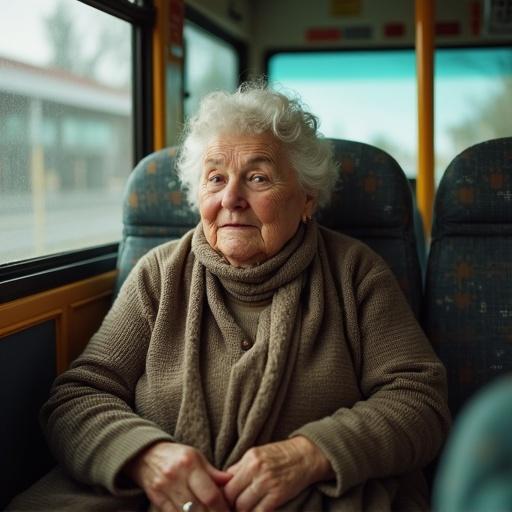 Closeup shot shows an elderly woman seated in a bus. She has a kind expression and wears a cozy scarf. The bus interior is visible in the background.