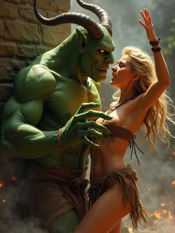 A green demon pins a tribal blonde woman to a stone wall. The woman wears a tattered loincloth. The demon's clawed hand is on her chest. She arches her back in pain while trying to defend herself. Their faces are close, expressing intense emotions. The background has swirling smoke and fire.