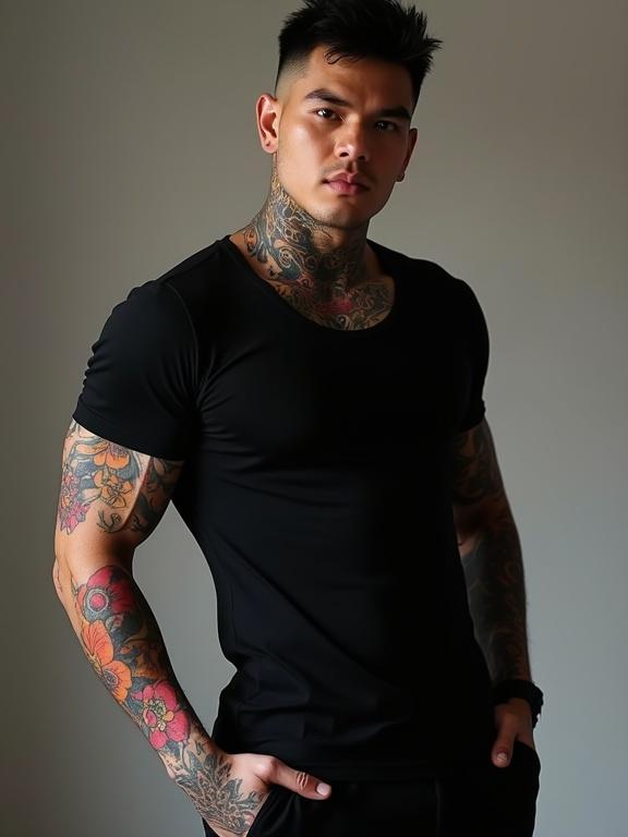 Muscular man stands relaxed in a black t-shirt. Vibrant tattoos on arms and neck highlight physique. Filtered light enhances the scene.