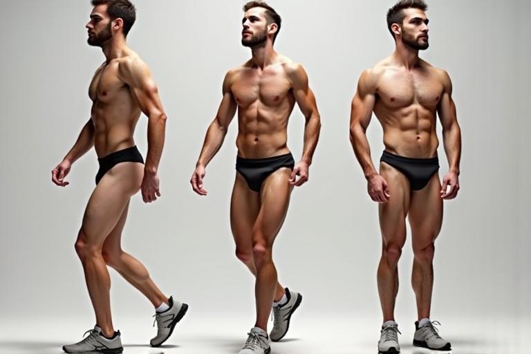 Three male models display athletic physiques in a well-lit studio. Each model presents a different angle while wearing minimal clothing. The focus is on their toned bodies and posture, showcasing fitness and strength.