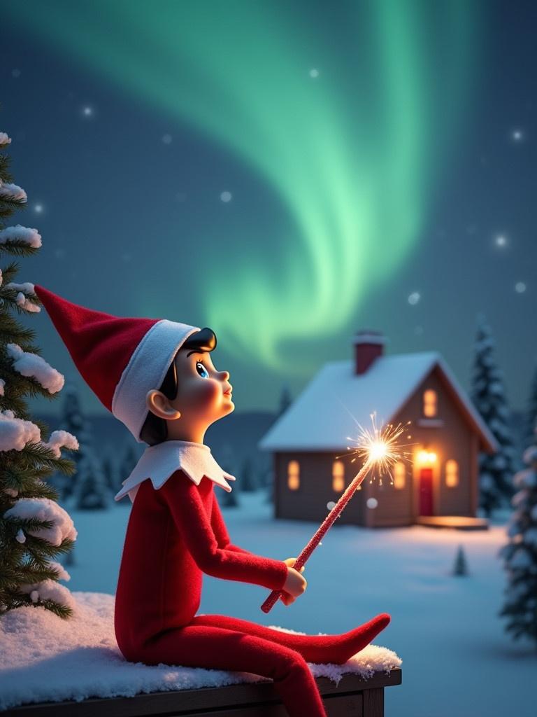 An elf on the shelf sits with back to the viewer. The elf gazes skyward while holding a glowing wand. A charming Christmas scene with colorful northern lights. A cozy house shows in the distance. Snow covers the ground. The elf embodies magic and wonder of Christmas. The name ‘Merry Christmas Milan, Rodrigo, Angellee and Delilah’ appears in the air from the wand.