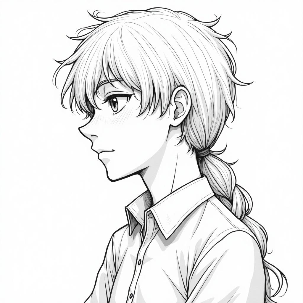 Line art illustration of a boy with medium length hair. The boy wears a collared shirt, shown in a side profile view.