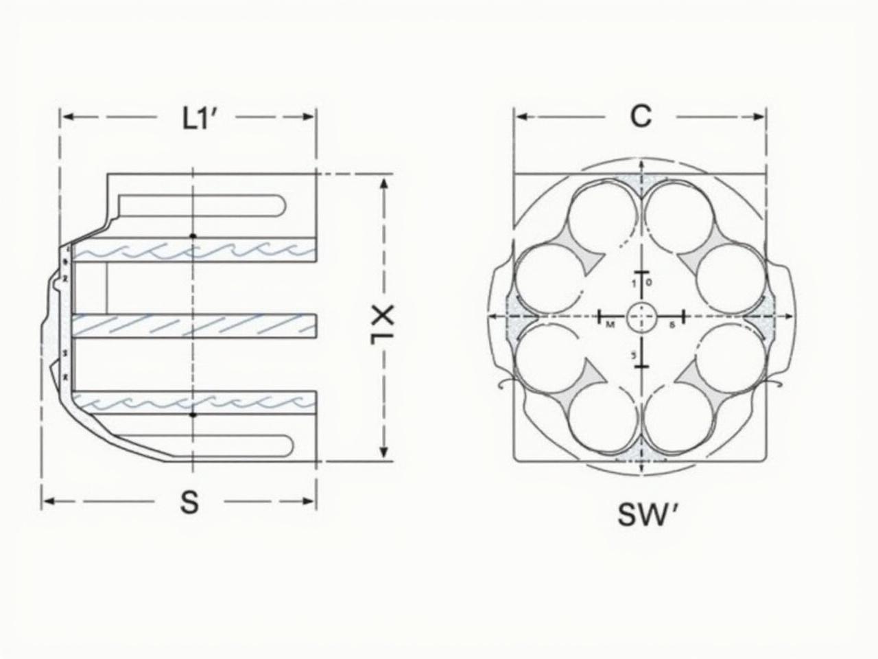 The image displays two technical drawings, which appear to represent mechanical parts or components. The left drawing showcases a profile view with several dashed and solid lines that indicate different surfaces and contours of the part. There are horizontal lines suggesting layers or levels on the part shown. The right drawing presents a front view with circular shapes that may represent holes or recesses in the material. This drawing also includes dimensions and symmetry hints, indicated by the crosshair-like symbols. Overall, the drawings convey technical specifications relevant for manufacturing or engineering analysis.