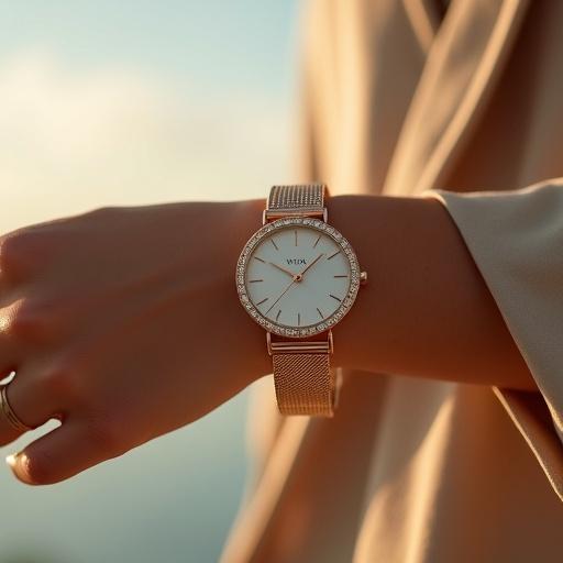 Close-up photograph of a wrist with a luxury watch. Soft natural light illuminates the timepiece against a serene blurred background. Focus on intricate details and smooth skin texture. Evokes an elegant and aspirational vibe.