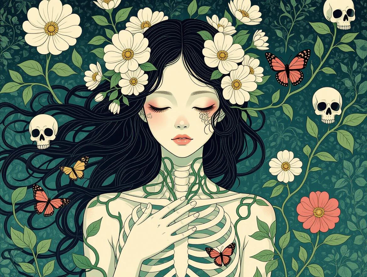 A human figure gracefully dissolves into blooming flowers and vines. The flowers have eyes and teeth. Roots grow through a ribcage. Butterflies with skull patterns are present. Beautiful decay is in progress. Delicate line work is used. The style blends ethereal art and organic horror. The image is highly detailed.