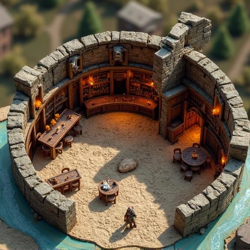Detailed isometric diorama showcasing a medieval tavern or inn in an open-wall cutaway view. Features wooden construction with exposed beams, a bar, tables, chairs, a fireplace, and miniature figures. Set on a large circular game board with pathways and additional small buildings. The warm interior lighting enhances the RPG game atmosphere. Hyper-detailed model design.