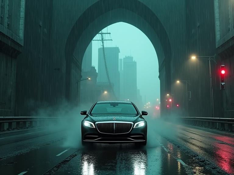 A sleek obsidian-black Mercedes-Benz Maybach glides through torrential rain on a deserted highway at night. Inside the car, a figure grips the wheel with a cold and focused expression. Dashboard lights glow in muted tones. Outside, rain blurs neon signs into streaks. The environment distorts as the car passes under a colossal archway made of corroded metal. Beyond the arch, a foggy cityscape of decaying skyscrapers and twisted bridges unfolds under a twilight sky. Puddles reflect shifting shadows on the cracked asphalt.