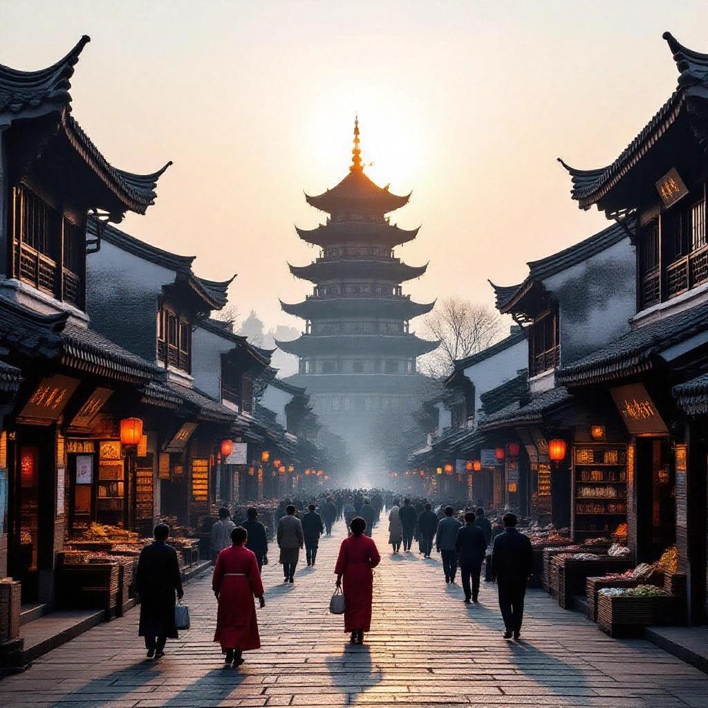 Scene depicts a sunrise on a stone-paved street in an ancient Chinese setting. Traditional Chinese-style buildings line both sides of the street filled with people in old Chinese attire. A tall pagoda rises against the sunny sky, partially obscured by haze.
