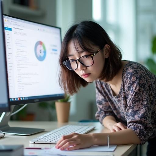 A young woman in her 20s experiences confusion in an office setting. She is a web designer with short hair and glasses. She looks at computer settings with annoyance. Office features include dual monitors and stationery. The lighting is bright and natural.