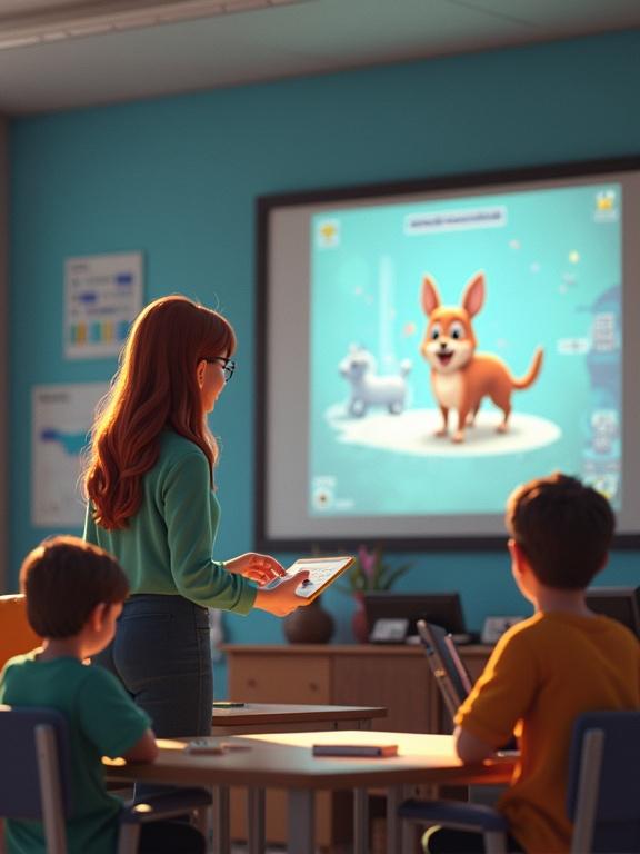 3D illustration of a teacher using educational gamification platforms in a classroom. Teacher standing with a tablet. Students sitting and observing. Digital screen shows game characters. Bright and engaging environment.