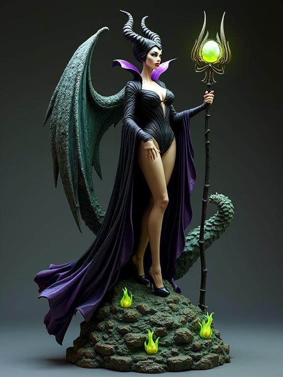 High quality resin sculpture inspired by Disney's Maleficent. A dark sorceress with tall horns, a flowing black and purple cape. She stands on a rocky base with roots and magical green fire. A long staff with a glowing orb in her hand. Elegant yet sensual dress with sharp details. A huge dragon with outstretched wings appears behind her. Realistic style, ultra-detailed with physical texture. Dramatic lighting and impactful vertical composition.